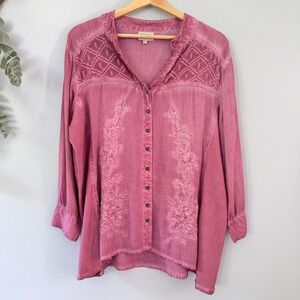 Signals Cottagecore Fairy Hippie Artsy Pink Embroidered Button Up Boho Tunic Top